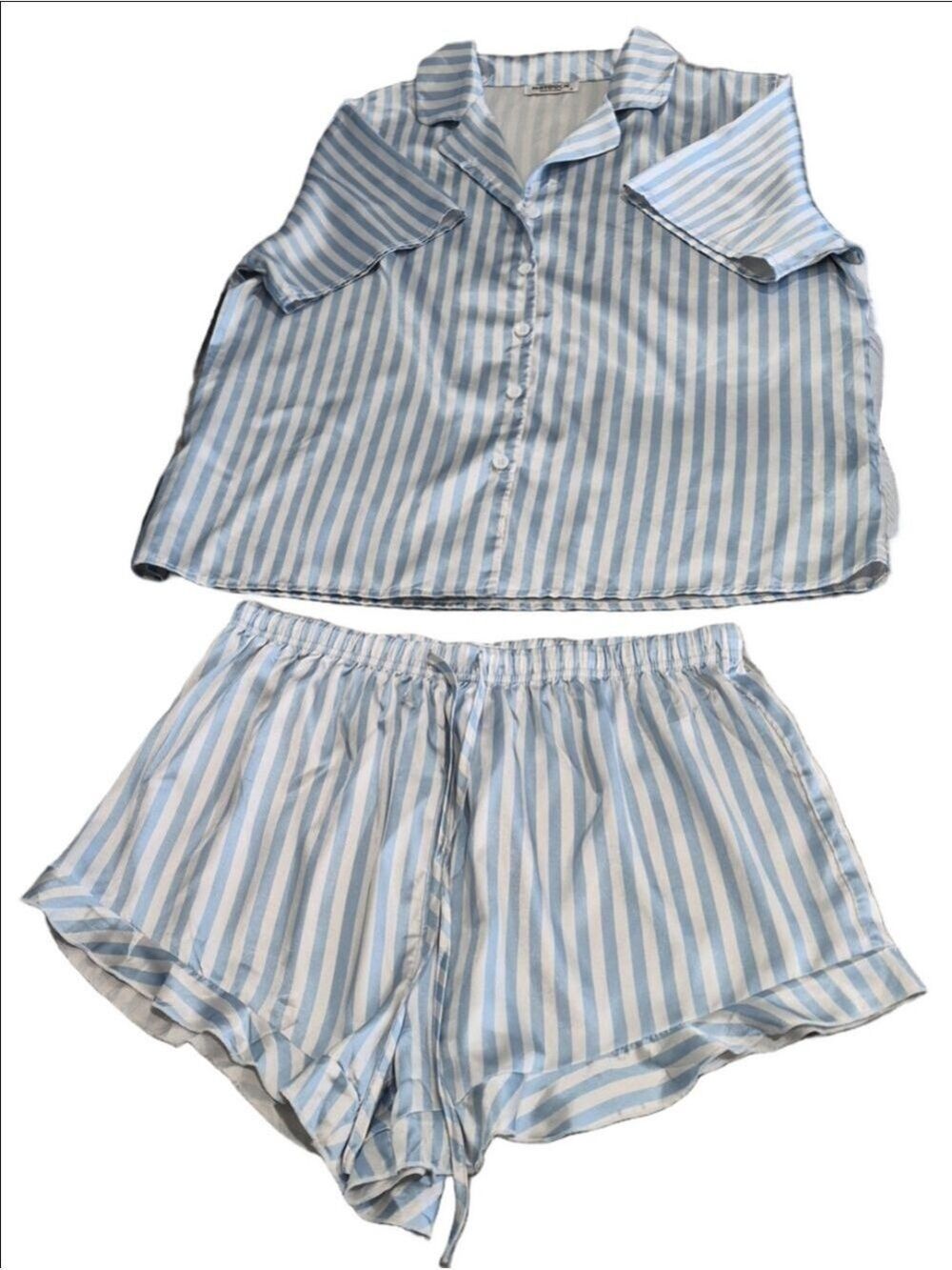 Hotouch Blue & White Striped Satin Pajama Set - Size M